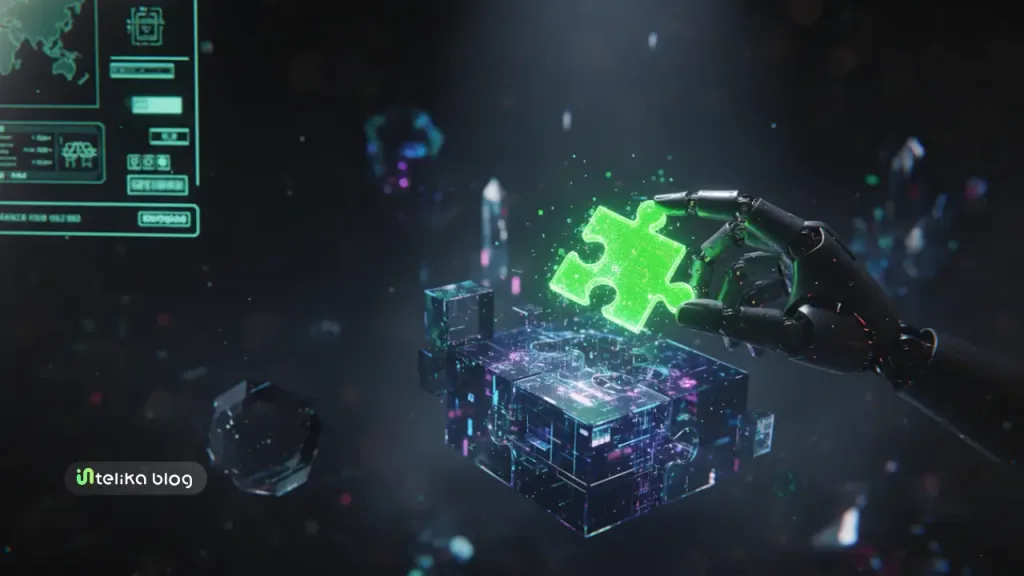 A neon green puzzle piece held by robot hand over a cube