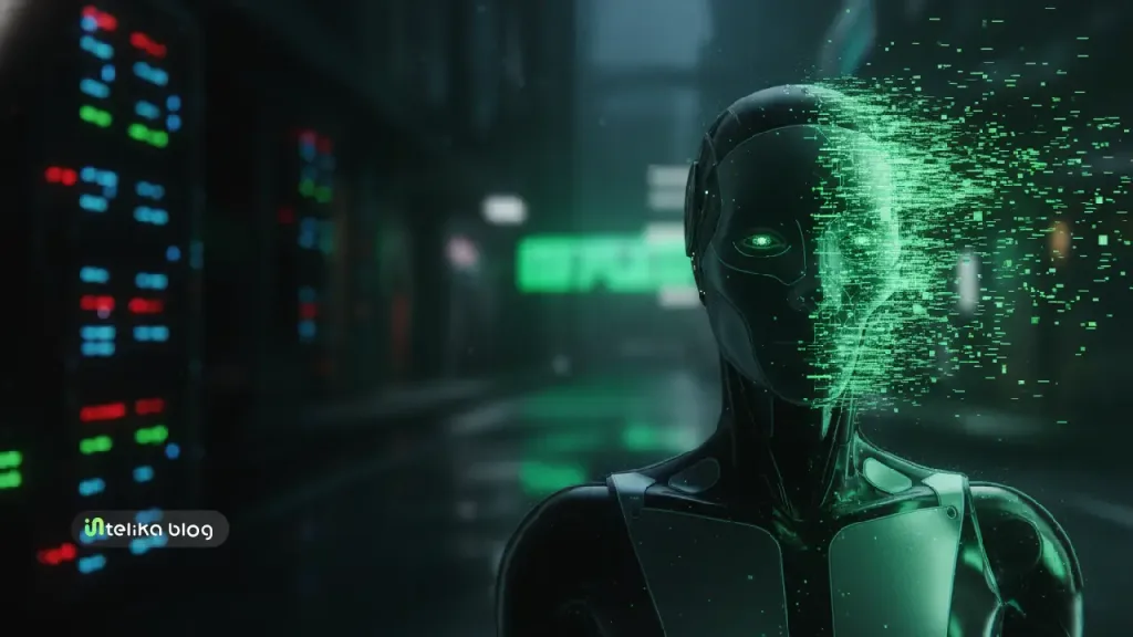 Hallucinations in AI : a robot with neon green particles around its head